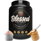 Black container of 'Blessed' plant protein with a scoop of protein powder and peanut butter.