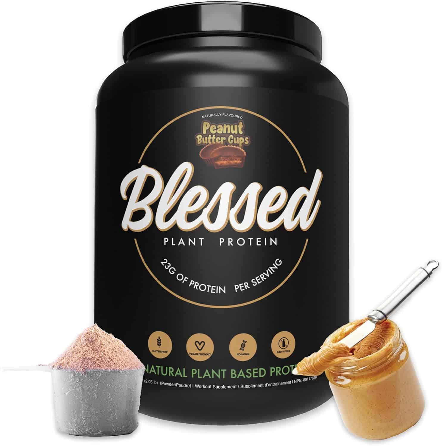Black container of 'Blessed' plant protein with a scoop of protein powder and peanut butter.