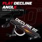 Fitness bench with 'Flat Decline Angle' text and '20° Decline' label on a dark background