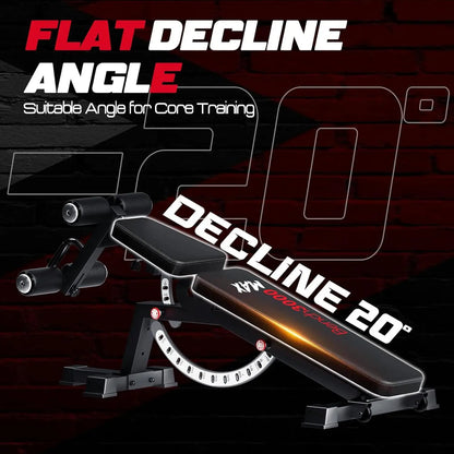 Fitness bench with 'Flat Decline Angle' text and '20° Decline' label on a dark background