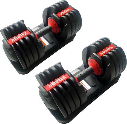 Pair of adjustable dumbbells with 'abeltz' branding on a white background