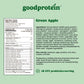 GoodProtein Green Apple protein powder label with nutrition facts and ingredients list on a green background.