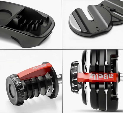 Set of adjustable dumbbells with red and black design on a white background