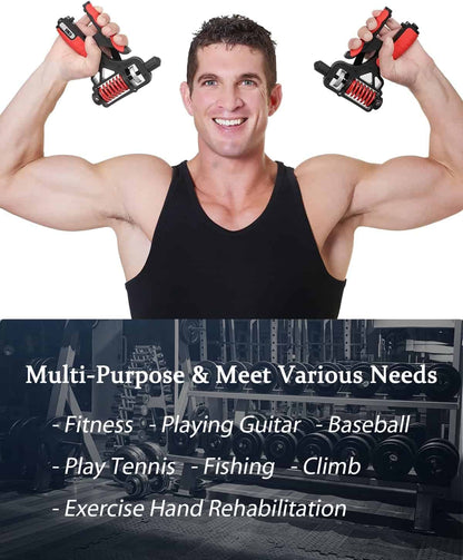 Man using wrist exercisers with text about product uses on a white background