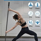 Woman practicing yoga with a balance pole in a studio setting, with icons and text about physical therapy benefits.