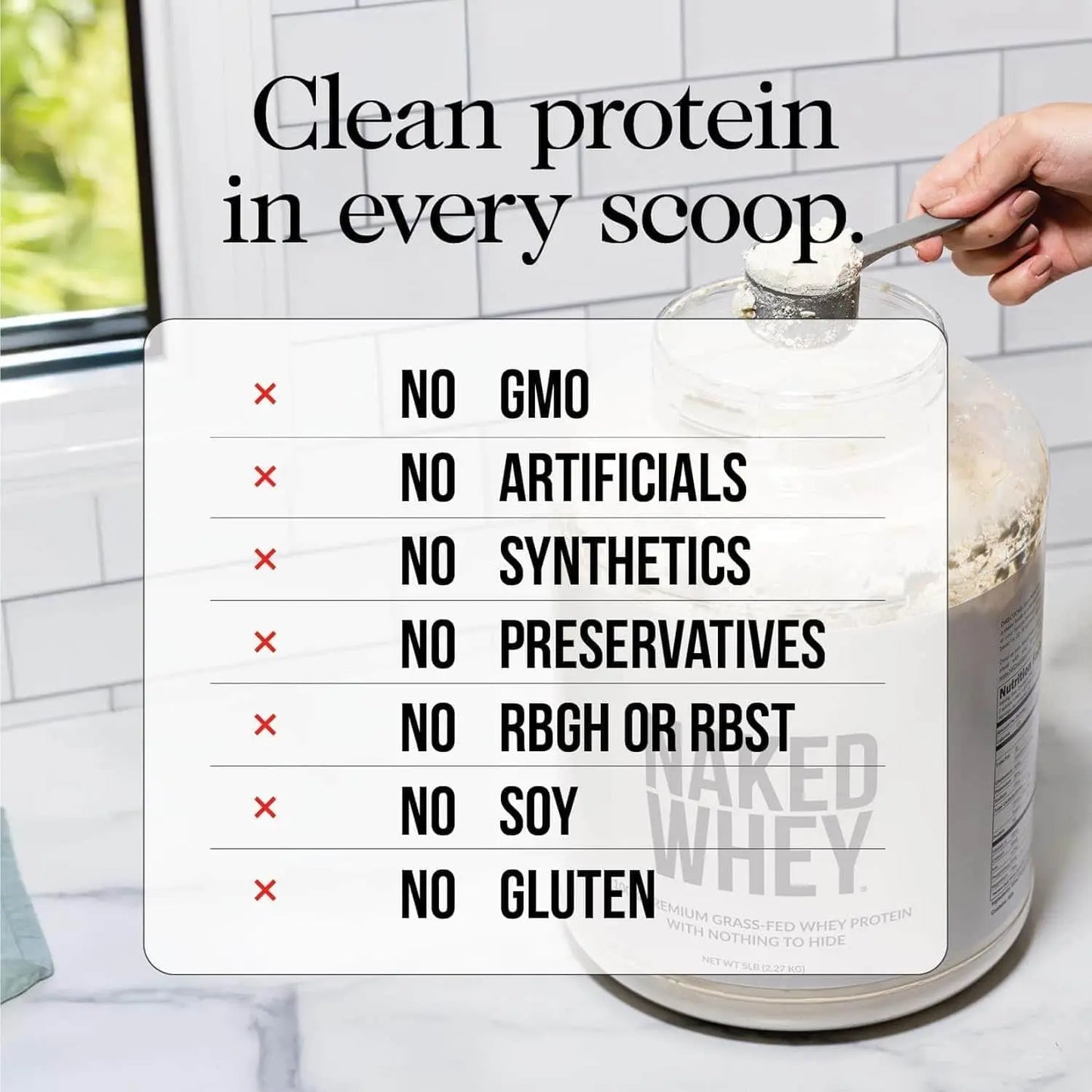 Naked Whey protein powder container with a list of ingredients and a hand scooping protein.