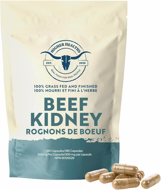 Beef kidney capsules packaging with 'Higher Health' branding on a white background