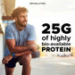 Man sitting outdoors with text about protein content and Revolution brand.