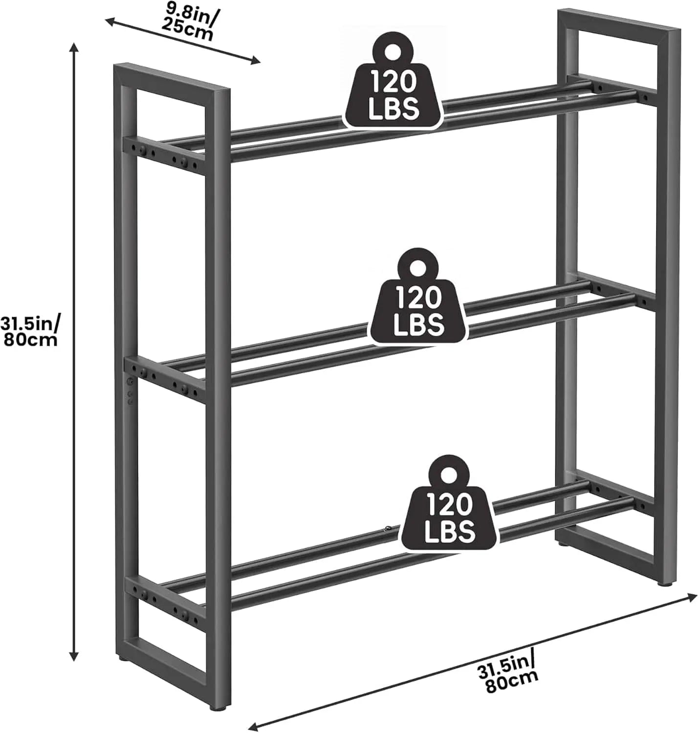 Weight rack with dimensions and weight capacity labels on a white background