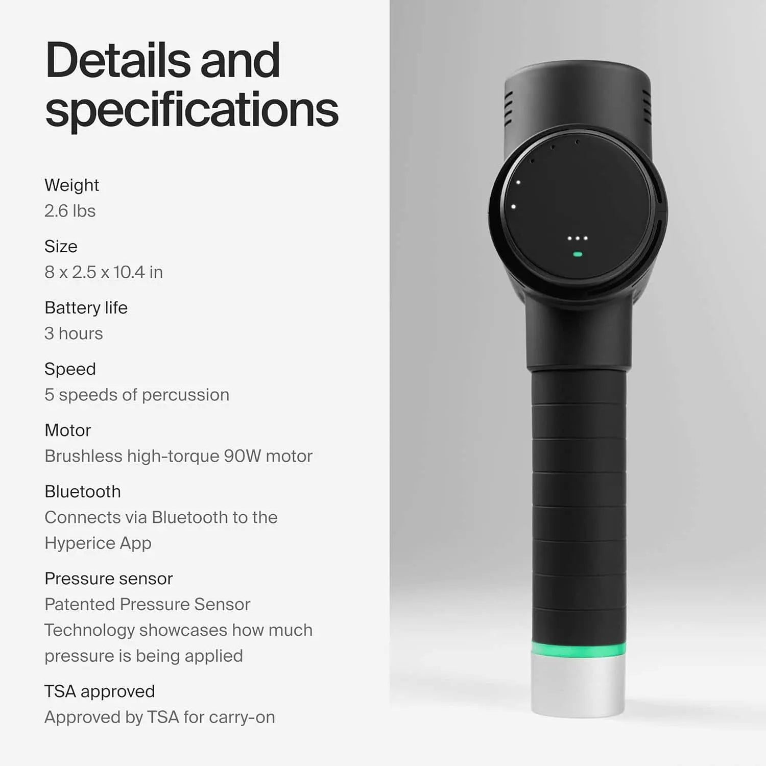 Black handheld device with specifications on a gray background