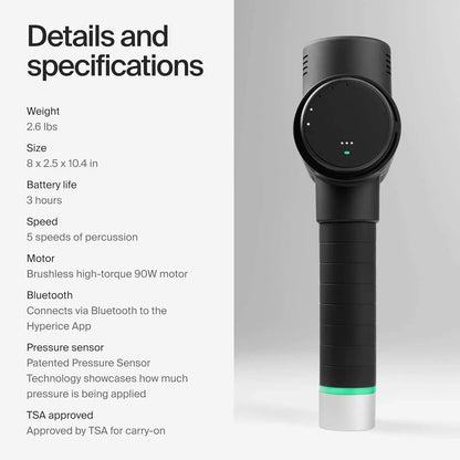 Black handheld device with specifications on a gray background