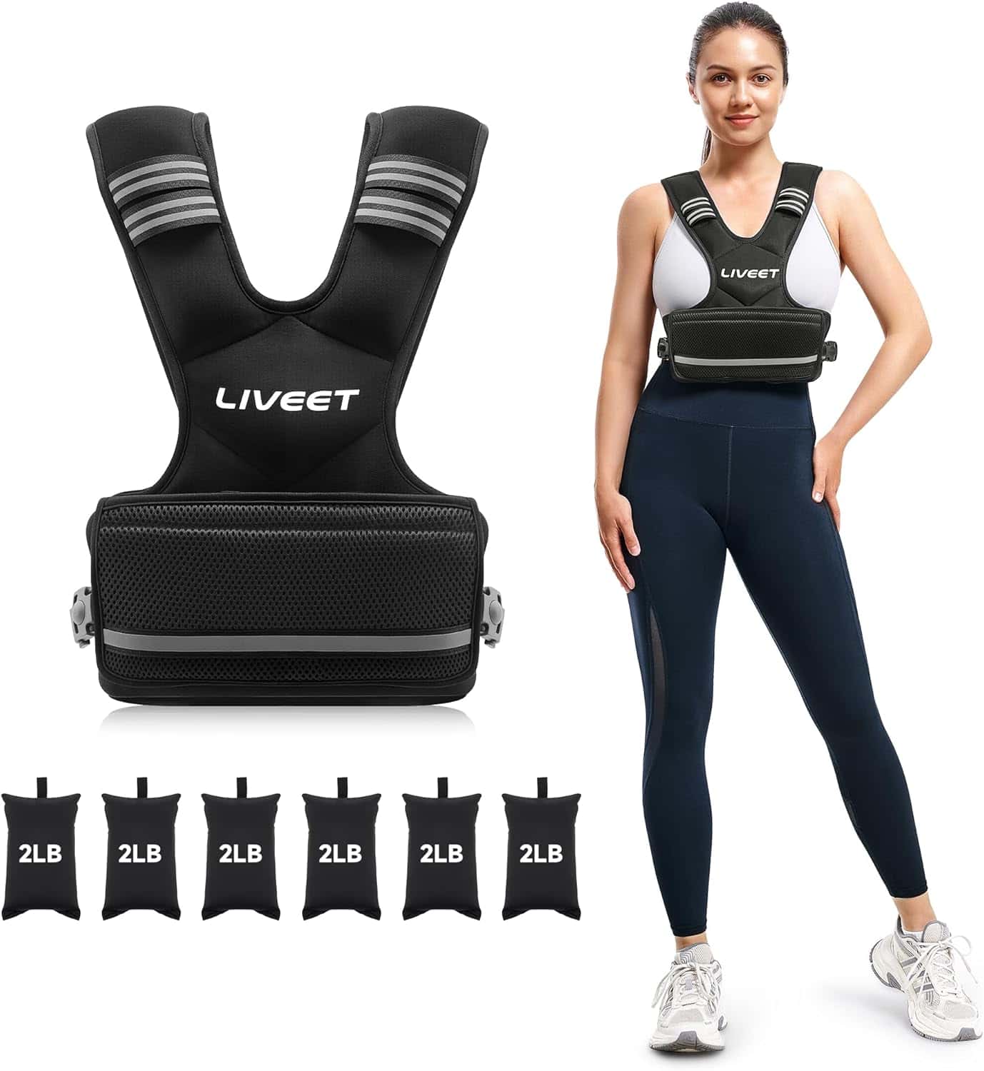 Black weight vest with straps and LIVEET branding, alongside a woman wearing the vest and additional weight bags.