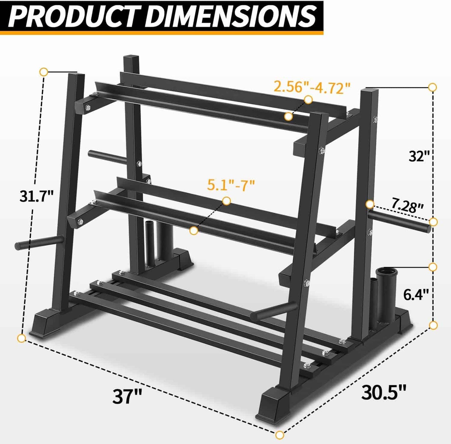 Black metal squat rack with dimensions labeled on a white background
