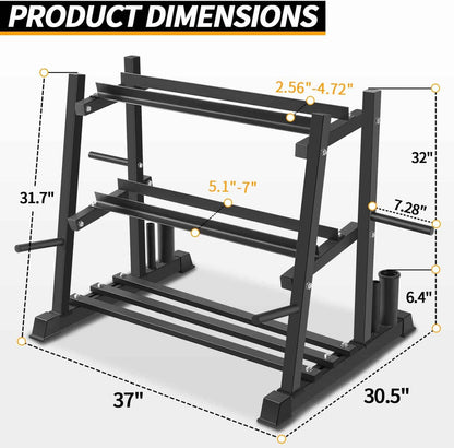 Black metal squat rack with dimensions labeled on a white background