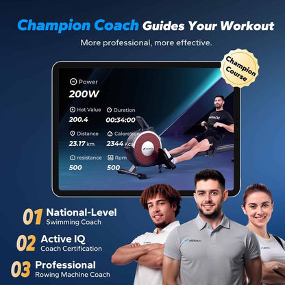 Advertisement for Champion Coach with a digital display showing workout metrics and three people standing together.