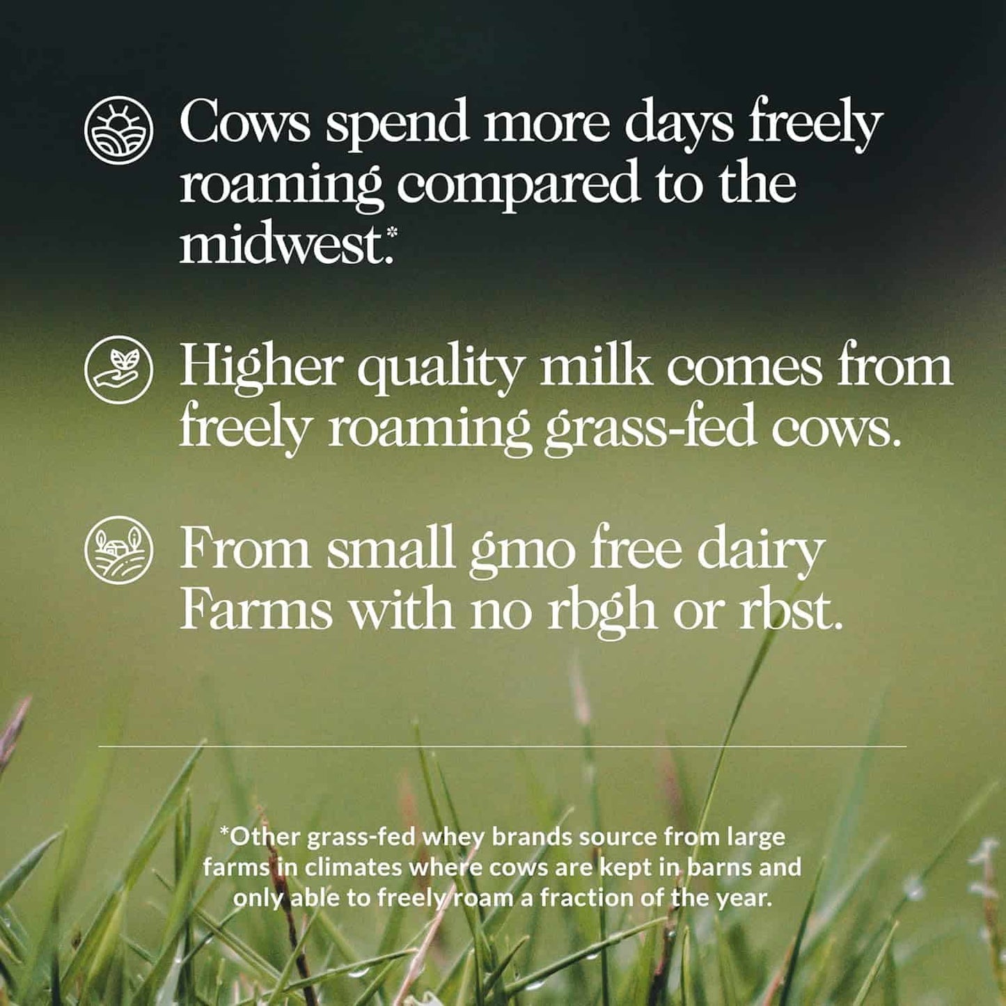 Text about grass-fed cows and dairy quality on a green background with cow icons.