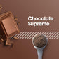 Chocolate Supreme product with chocolate bar and powder on a brown background