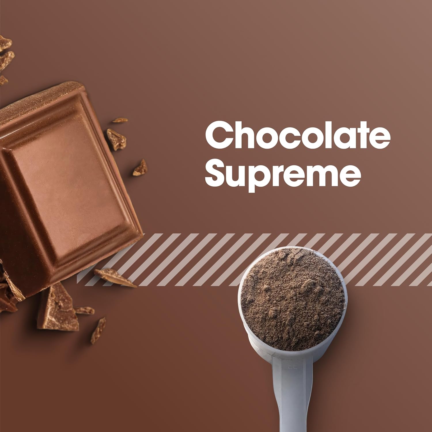 Chocolate Supreme product with chocolate bar and powder on a brown background