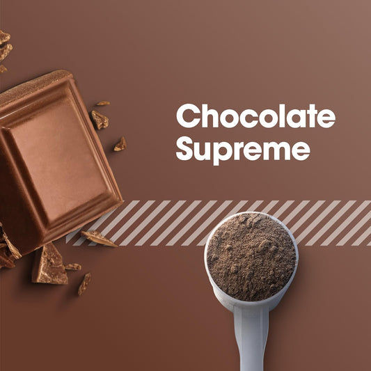 Chocolate Supreme product with chocolate bar and powder on a brown background