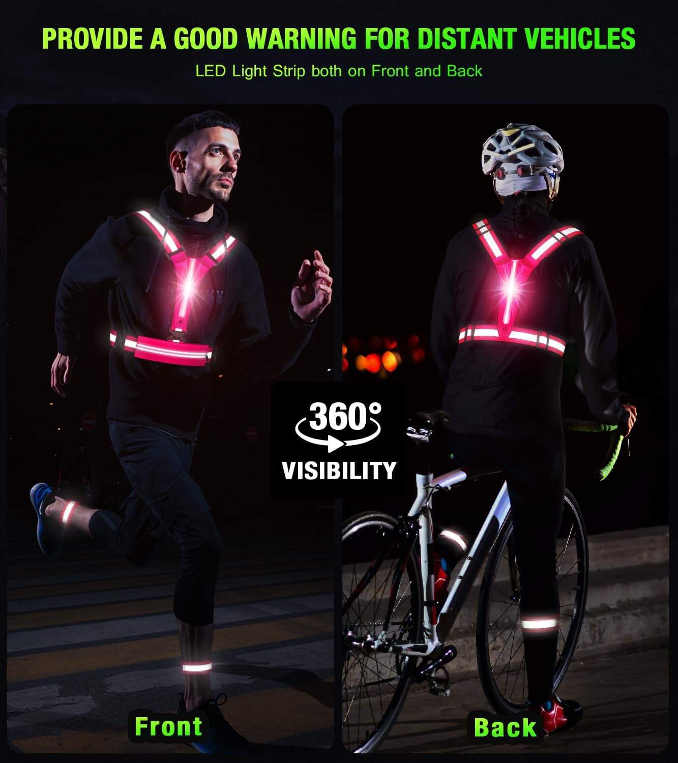 LED Reflective Running Vest Set – USB Rechargeable Light-Up Vest with Phone Holder, High Visibility Armbands, Adjustable Fit for Night Running, Walking, Cycling (Unisex) Fokia Kunbio