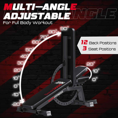 Multi-angle adjustable gym bench with angle measurement indicators on a black and red background.