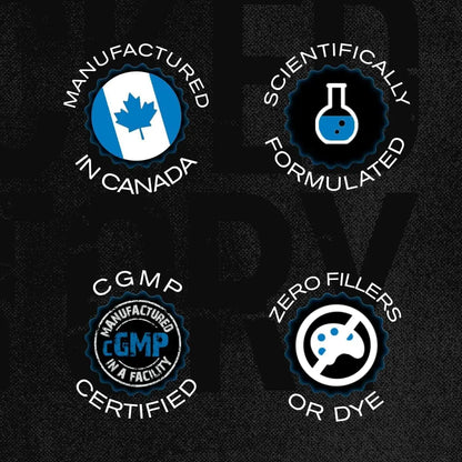 Set of product certification logos on a black background