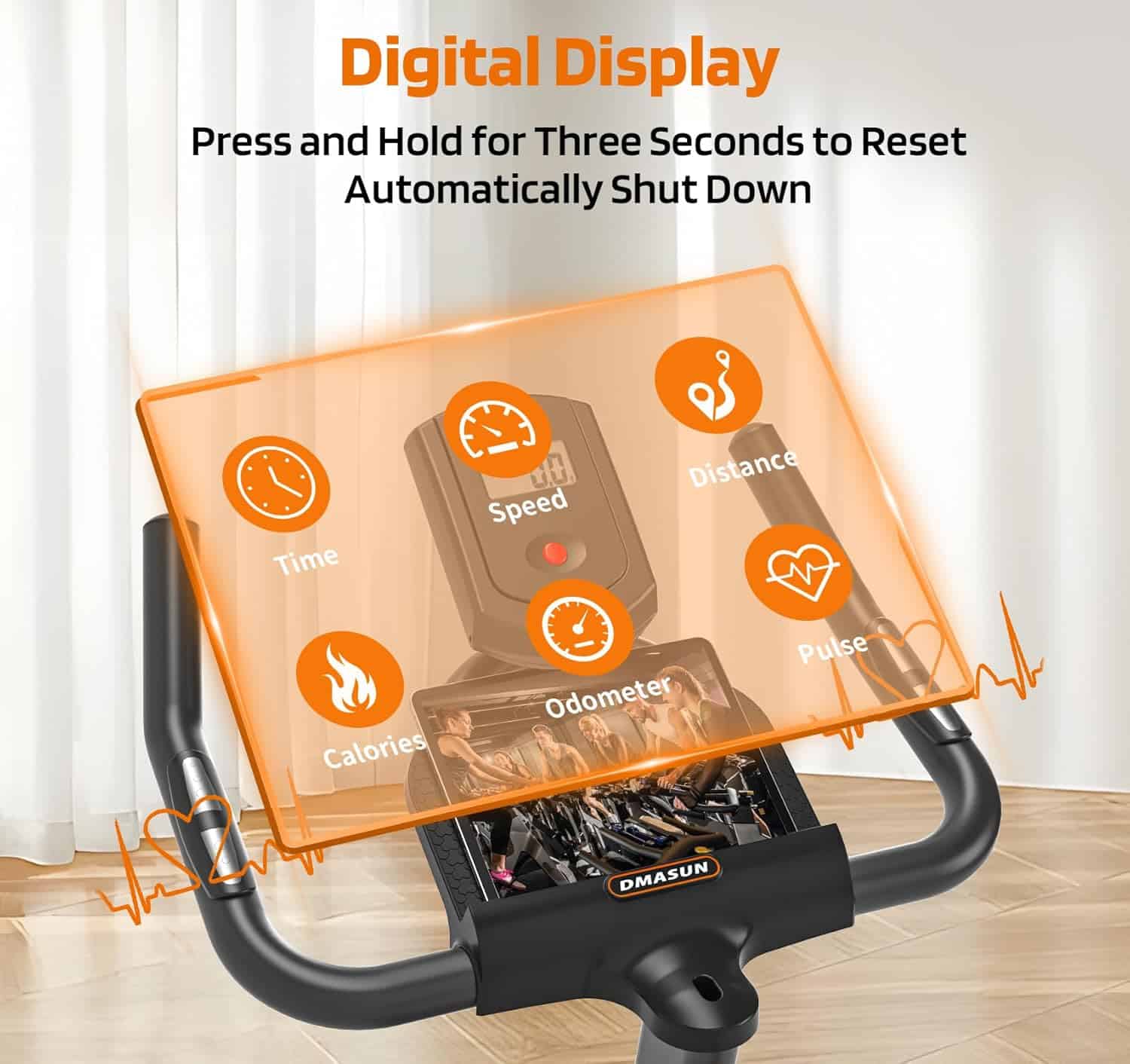 Exercise bike with digital display showing various metrics on a wooden floor.