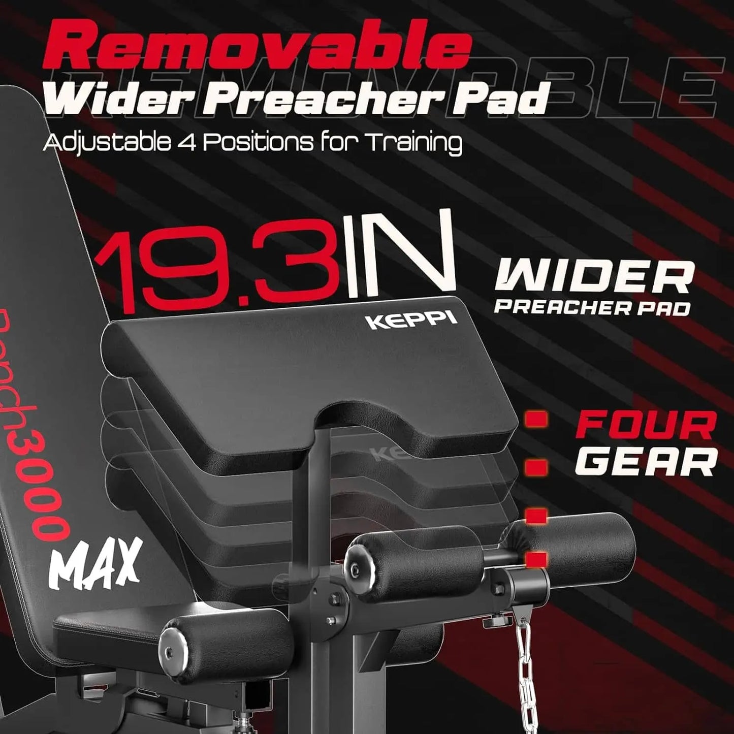 Keppi adjustable weight bench with removable wider preacher pad on a black and red background
