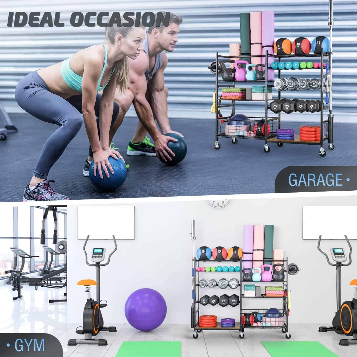Two people exercising with fitness equipment in a garage setting, including a storage rack with weights and exercise balls.
