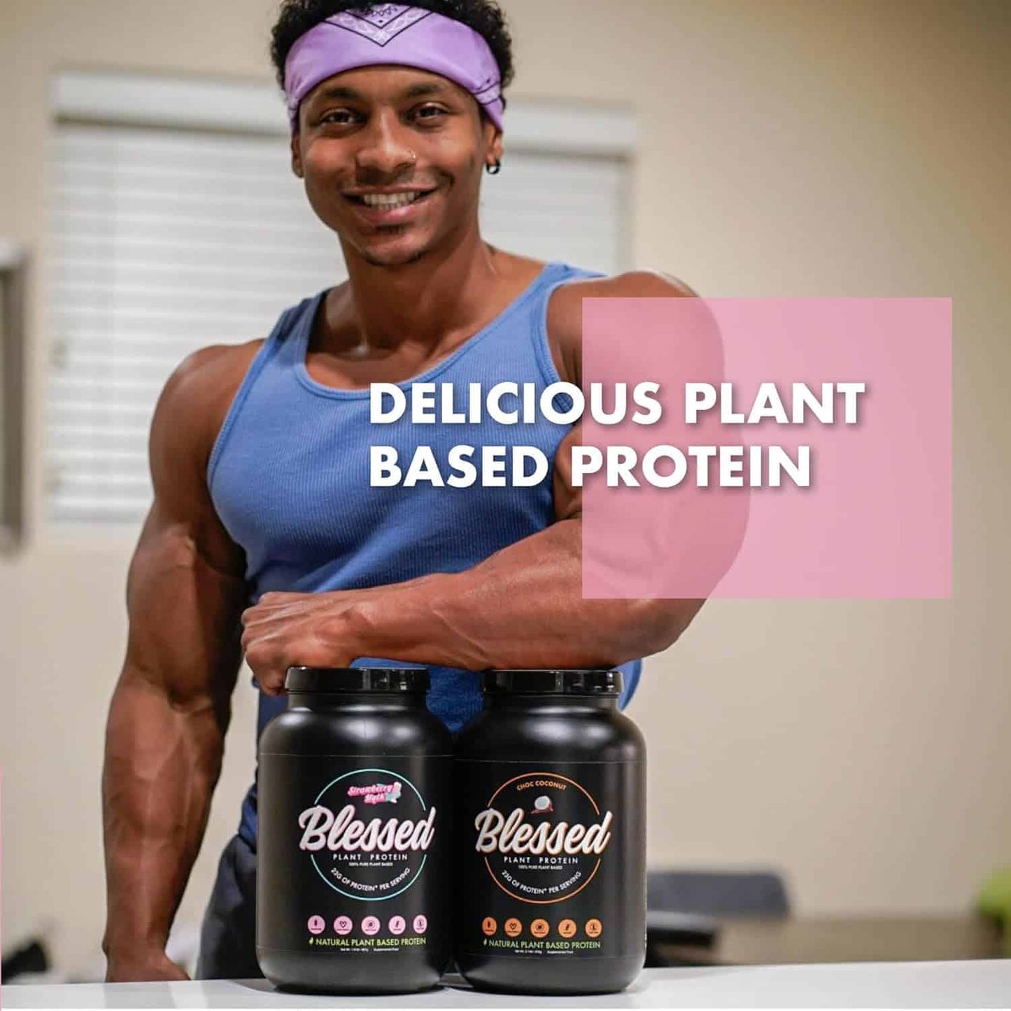 Person holding two 'Blessed' protein containers with text about plant-based protein.