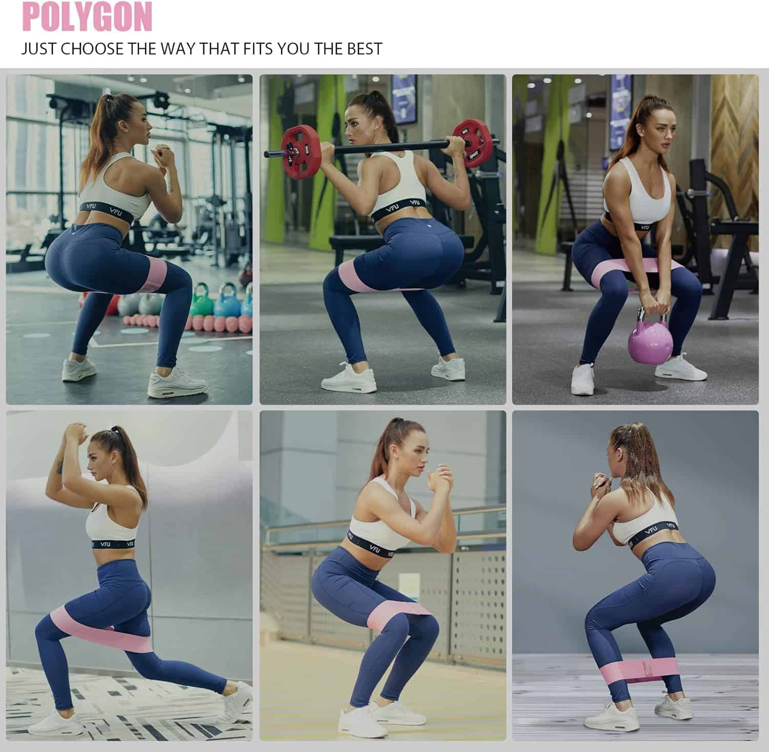 Woman performing various exercises with weights in a gym setting.