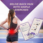 Woman experiencing back pain with exercise cards for relief on a purple and white background