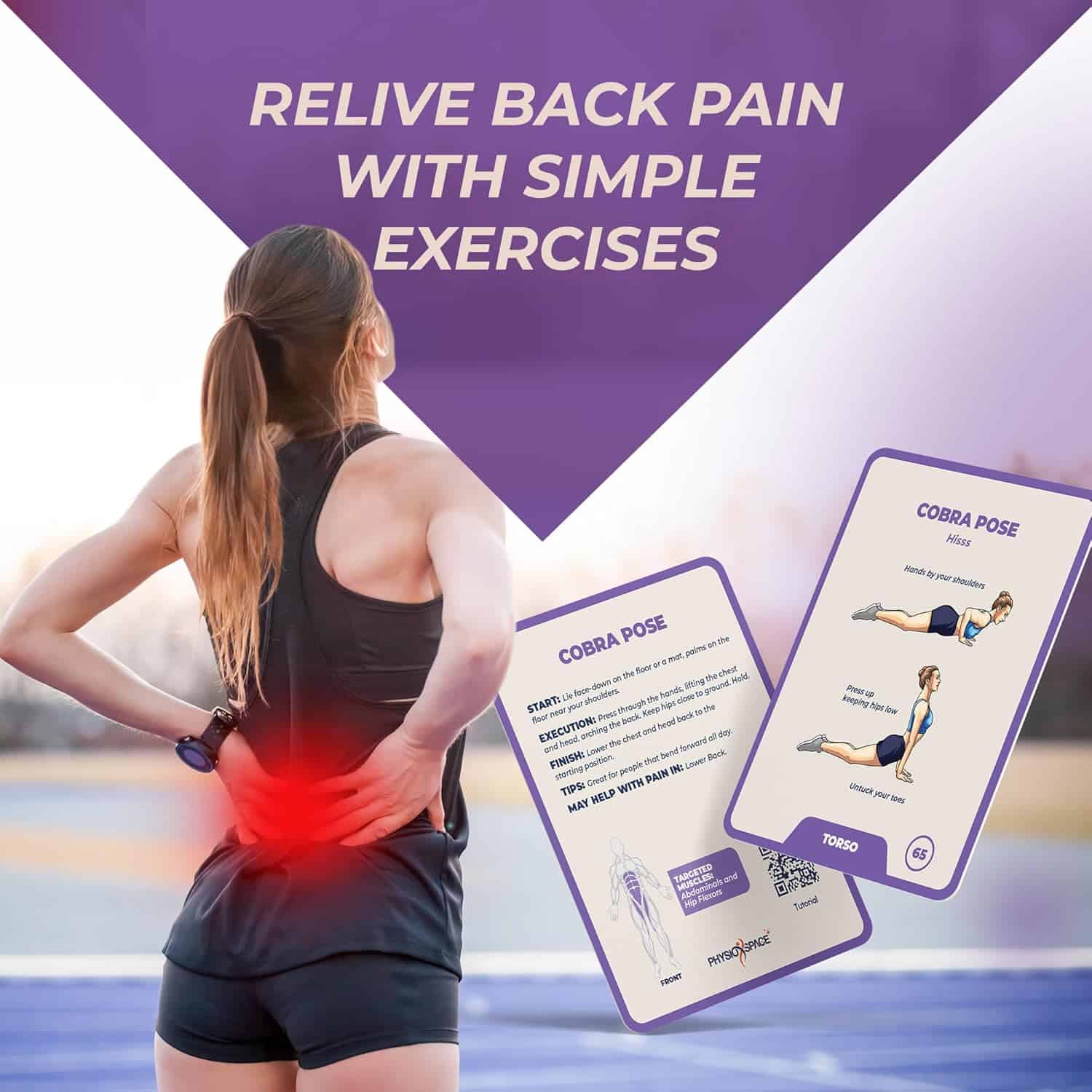 Woman experiencing back pain with exercise cards for relief on a purple and white background