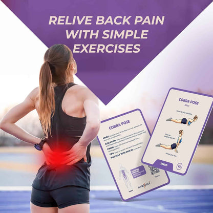 Woman experiencing back pain with exercise cards for relief on a purple and white background