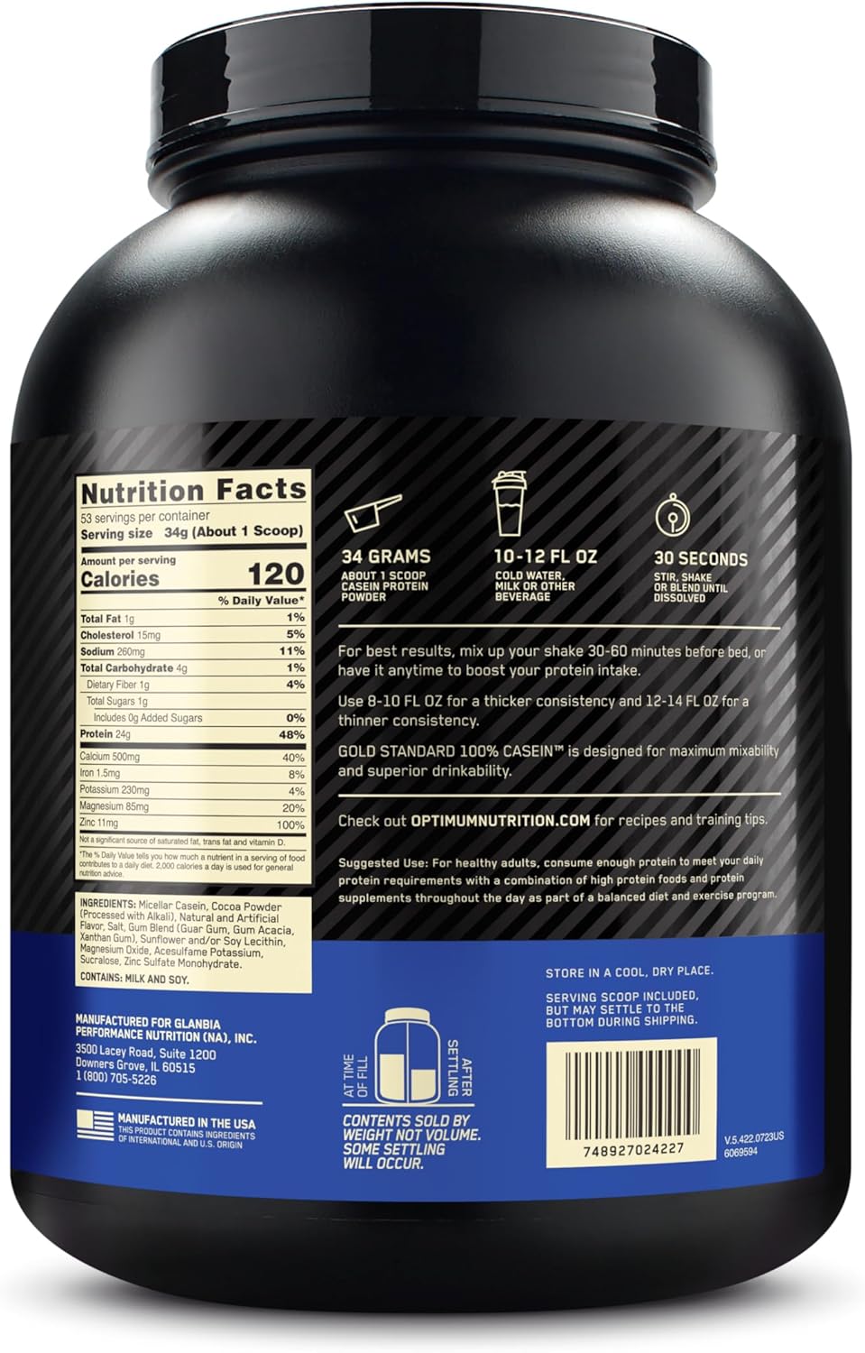 Black protein powder container with nutrition label on a white background