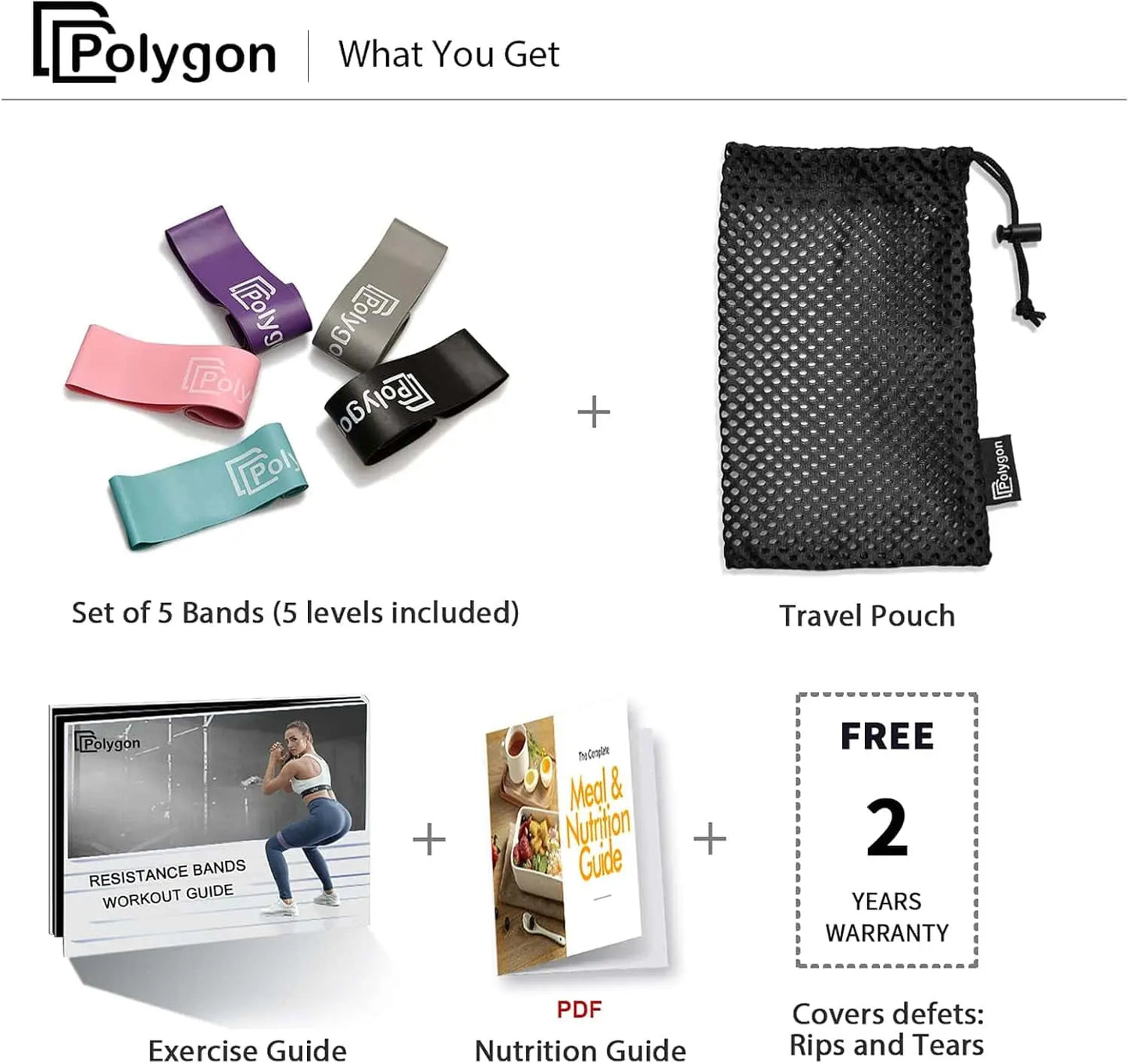Polygon resistance band set with travel pouch, exercise guide, nutrition guide, and warranty information on a white background.