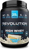 Black container of Revolution Nutrition High Whey Protein Vanilla Cake flavor on a white background