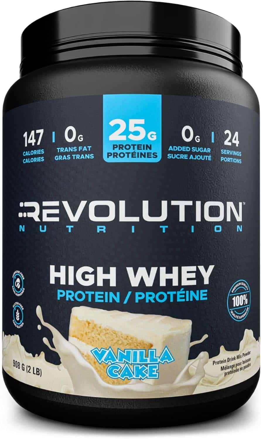 Black container of Revolution Nutrition High Whey Protein Vanilla Cake flavor on a white background
