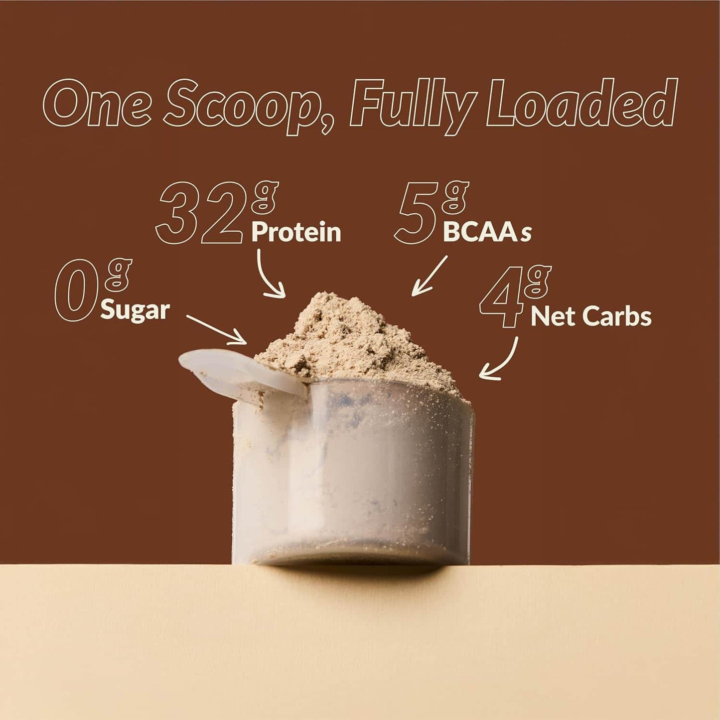 Protein powder scoop with nutritional information on a brown background