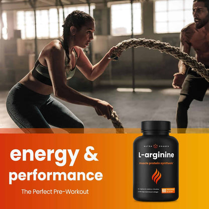 Two people pulling a rope with a supplement bottle labeled 'L-arginine' on an orange background.