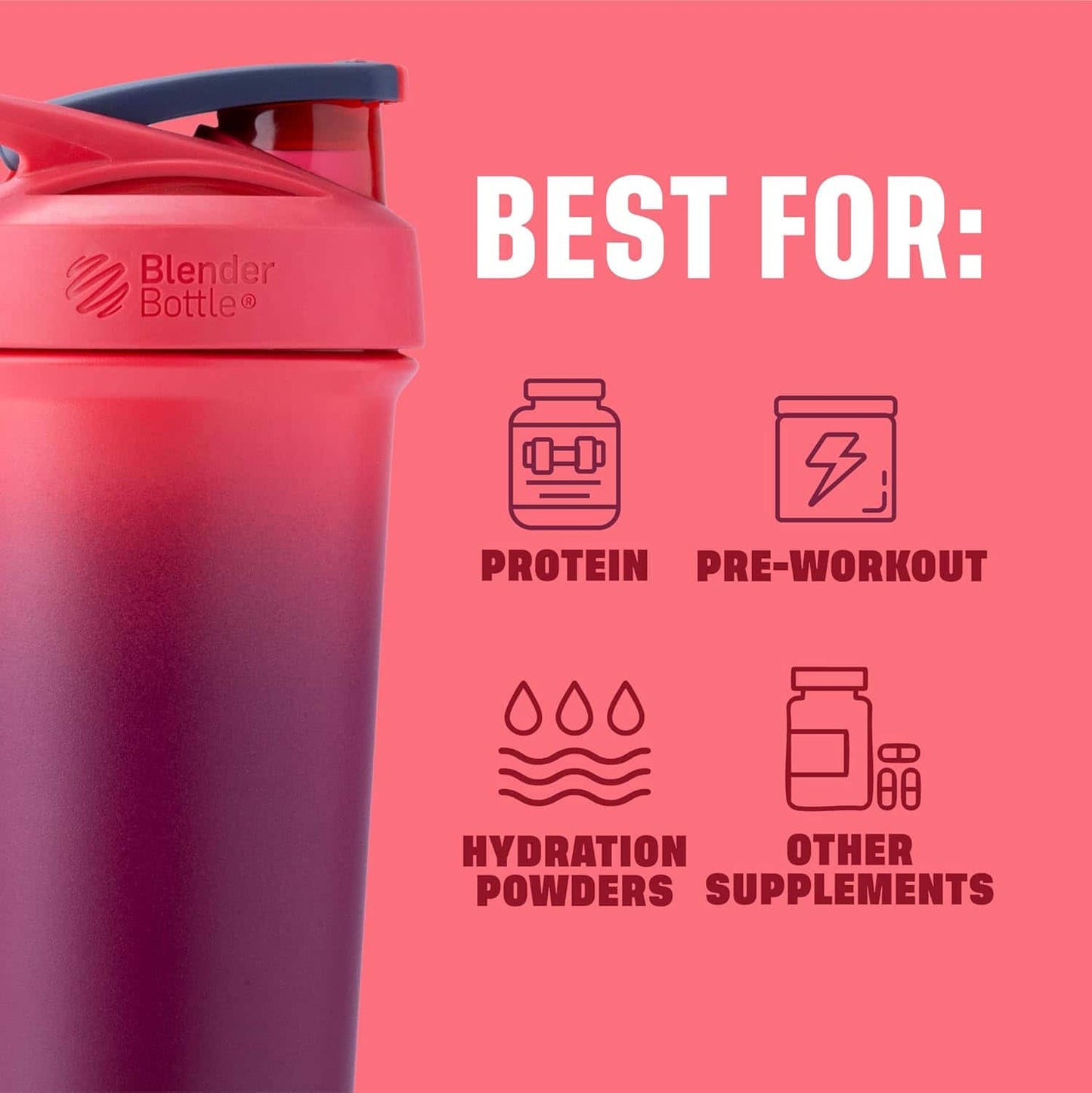 Red blender bottle with 'Blender Bottle' branding on a pink background, listing uses for the bottle.