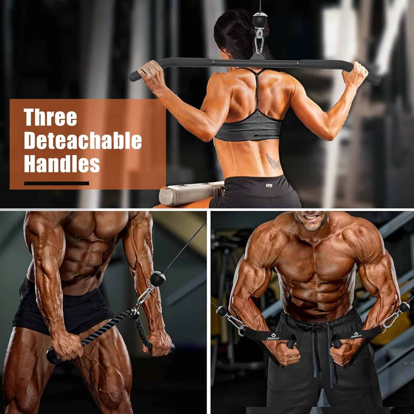 Person using a cable machine with detachable handles, showcasing muscle definition.