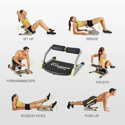 Fitness equipment with various exercises demonstrated by people on a white background