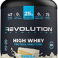 Protein powder container with Revolution Nutrition branding on a white background