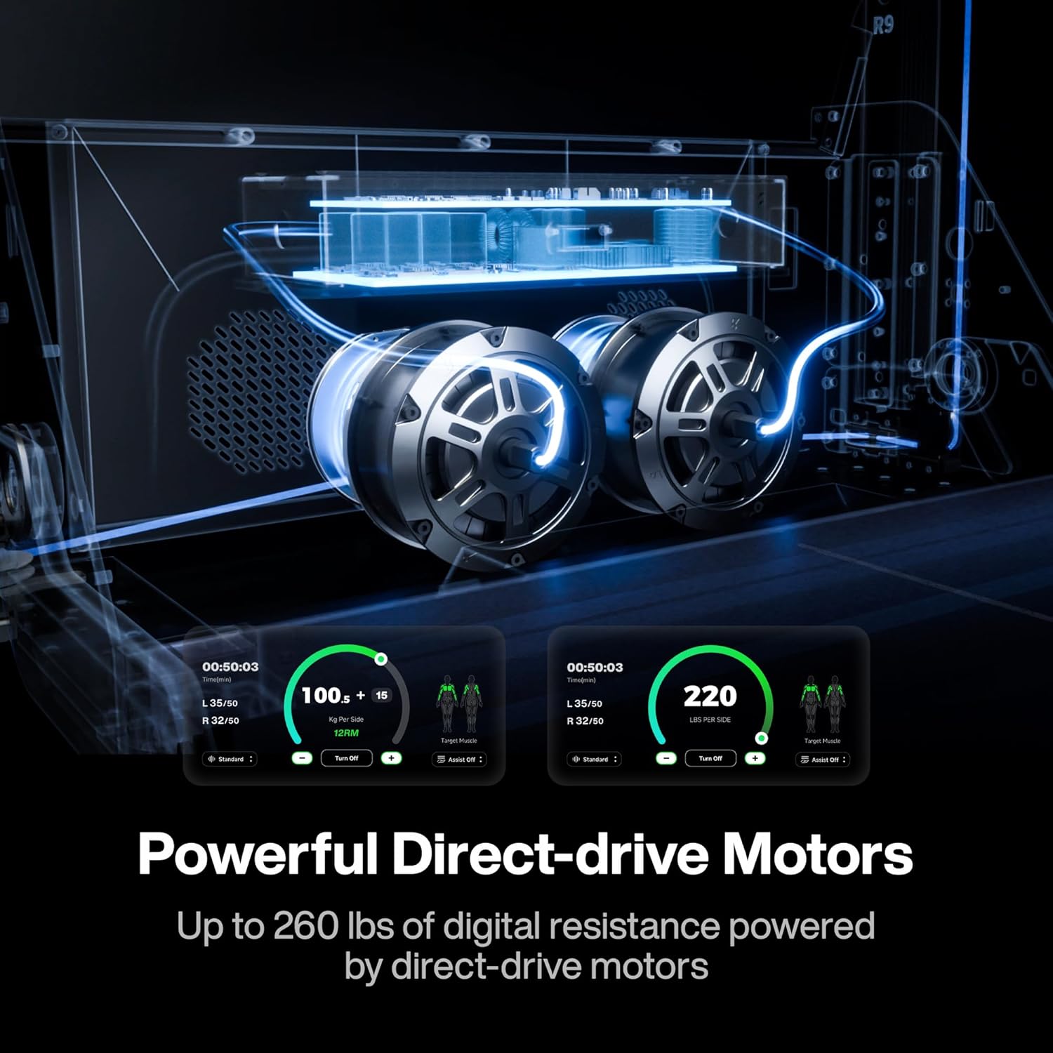 Illustration of direct-drive motors with digital displays on a dark background