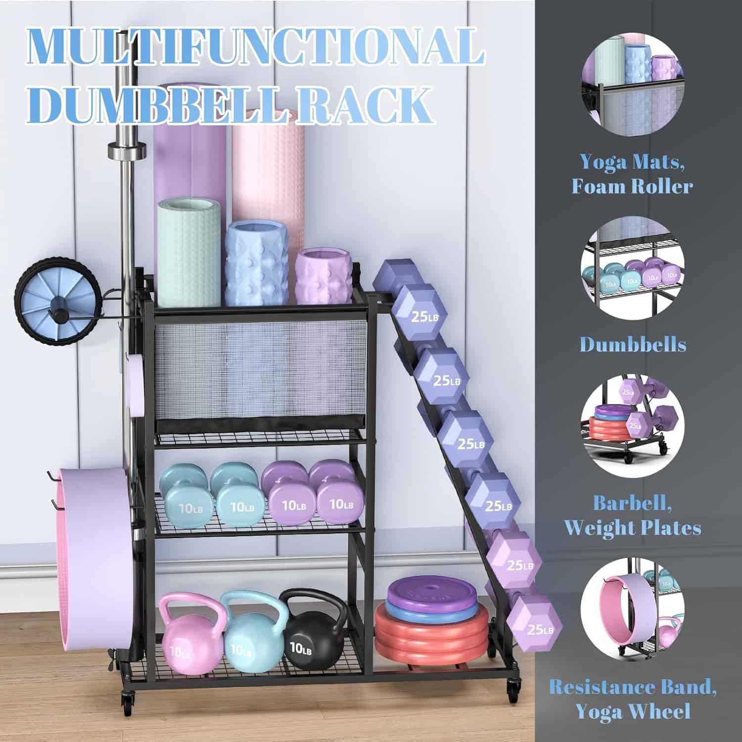 Multifunctional dumbbell rack with various fitness equipment on a wooden floor.