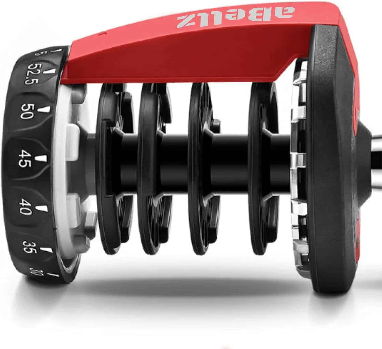 Red and black adjustable dumbbell on a white background