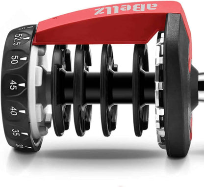 Red and black adjustable dumbbell on a white background