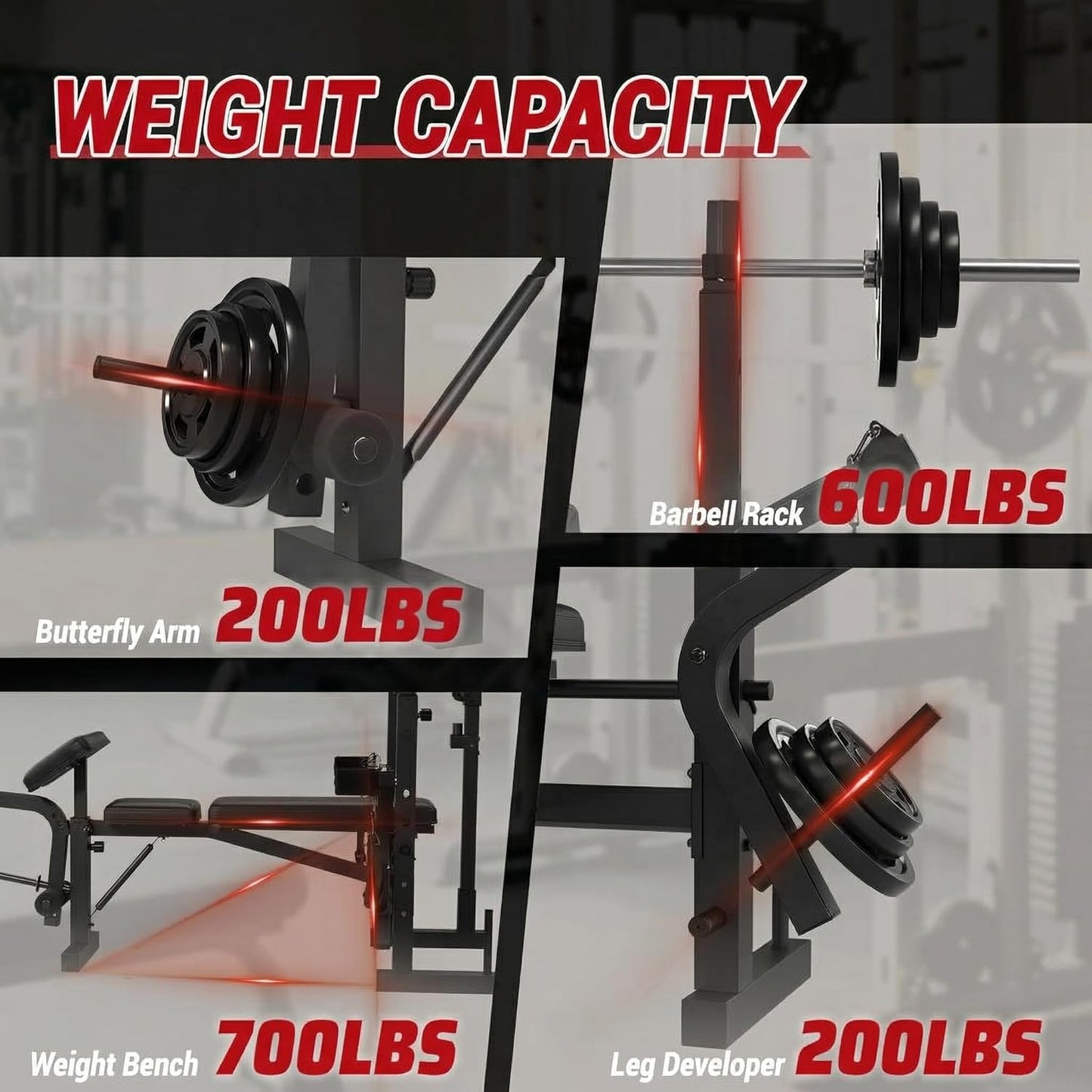 Gym equipment with weight capacity labels on a black background