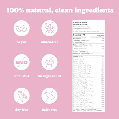Product label with nutritional information and dietary claims on a pink background